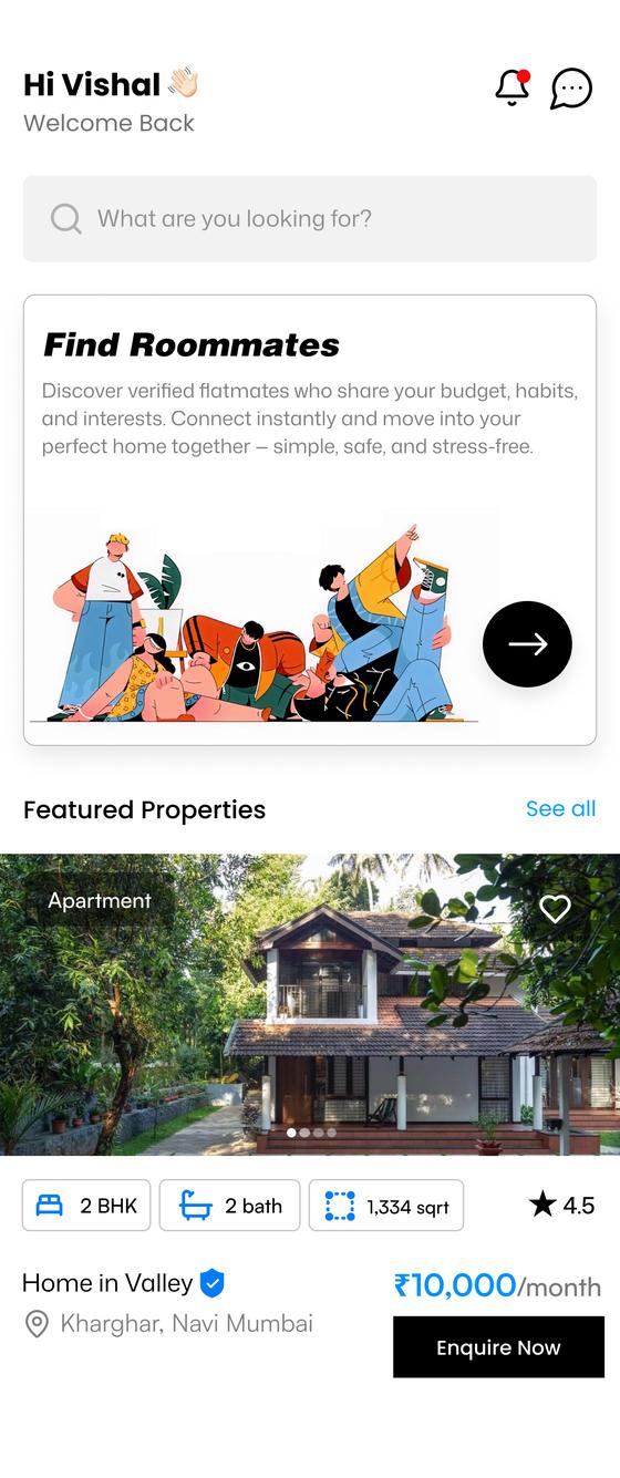 Hommigo app home dashboard with search and featured properties