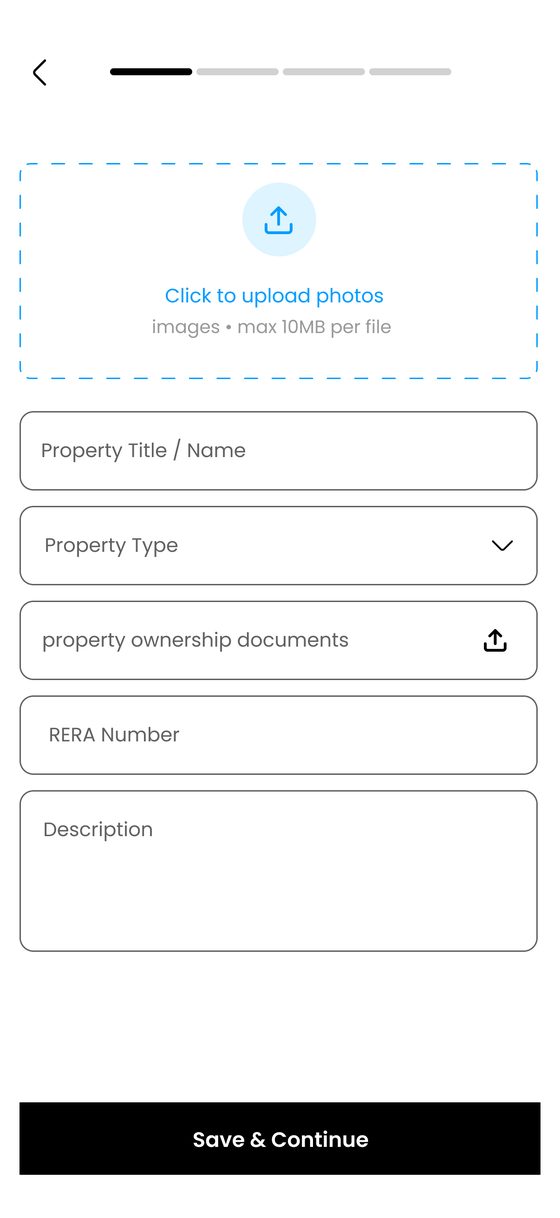 Hommigo app add property form with photos and details
