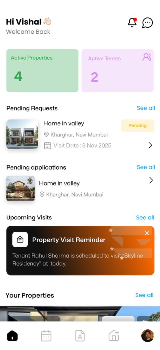 Hommigo owner dashboard showing properties and requests