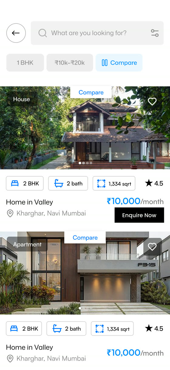 Hommigo app property search with filters and listings