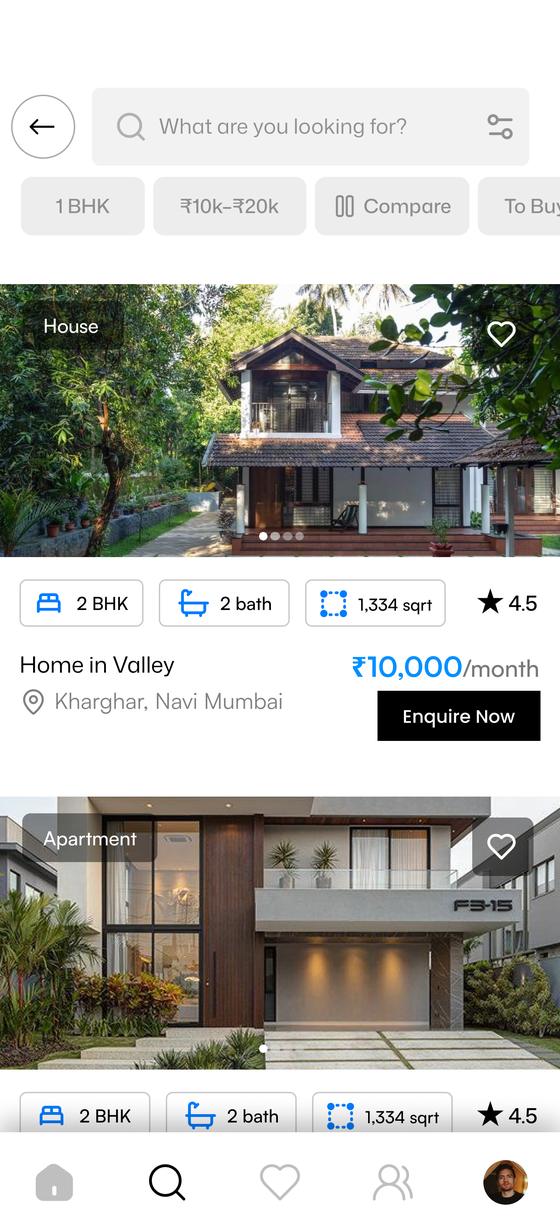 The Hommigo app showing a home search with property listings