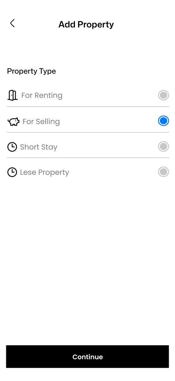 Hommigo app add property form with for selling property type selected