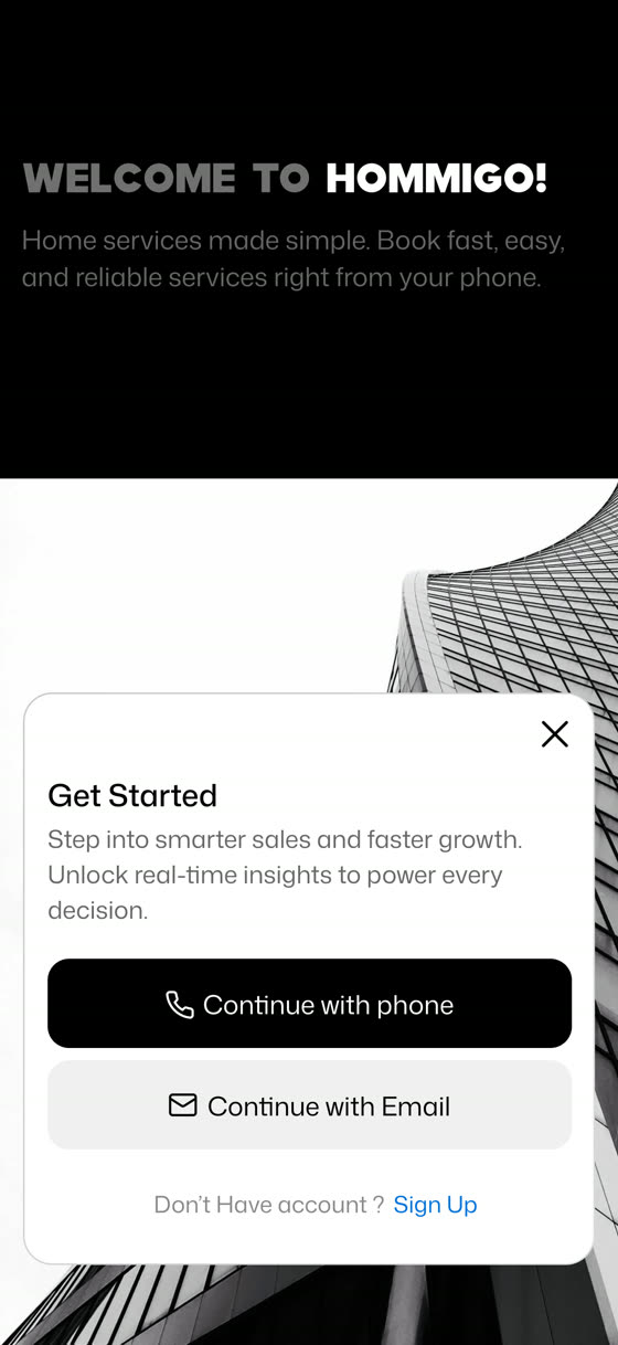 Hommigo app welcome and get started screen