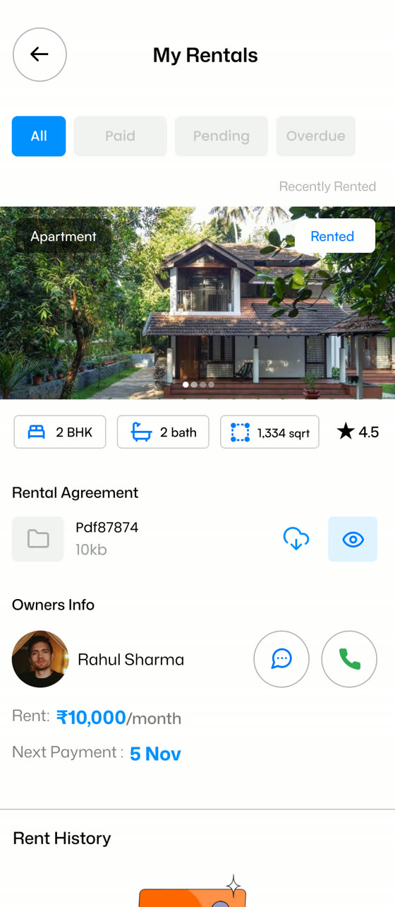 Hommigo app verified owner details and rental agreement